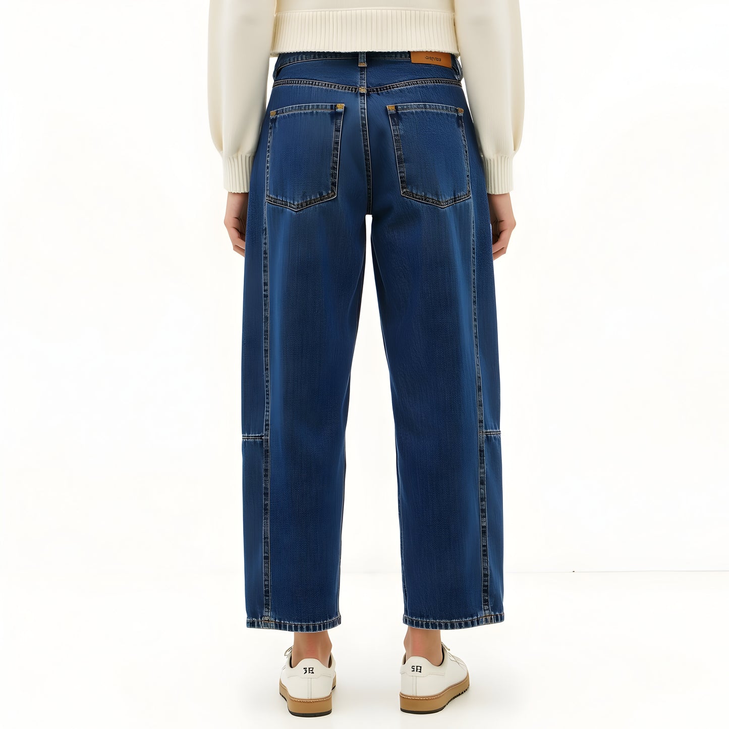 Barrel Leg Denim Pants with Contrast Seams, High Waist and Pockets