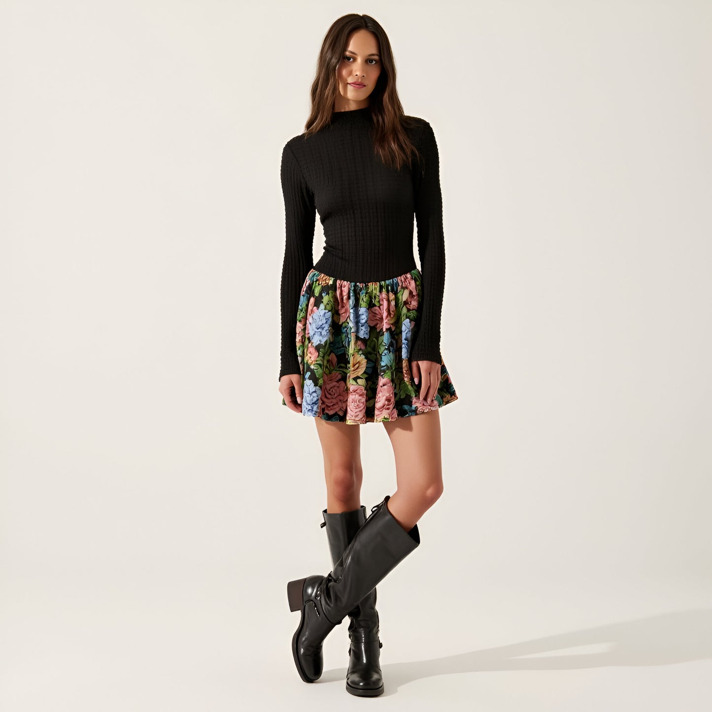 Rib-Knit Mock Neck Long Sleeve Dress with Floral Skirt