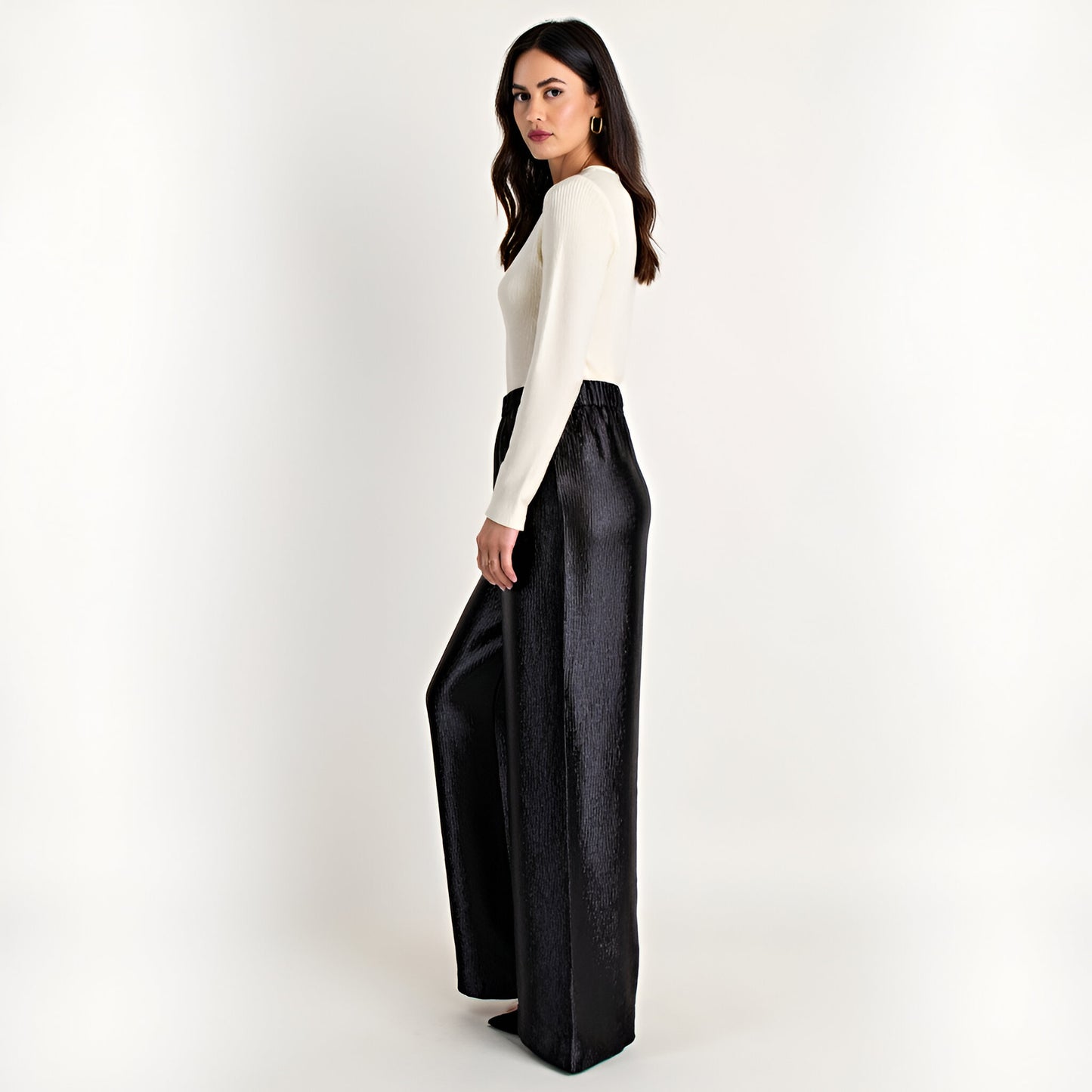 Wide Leg Satin Pants with Elastic Waist and Flowing Full-Length Fit
