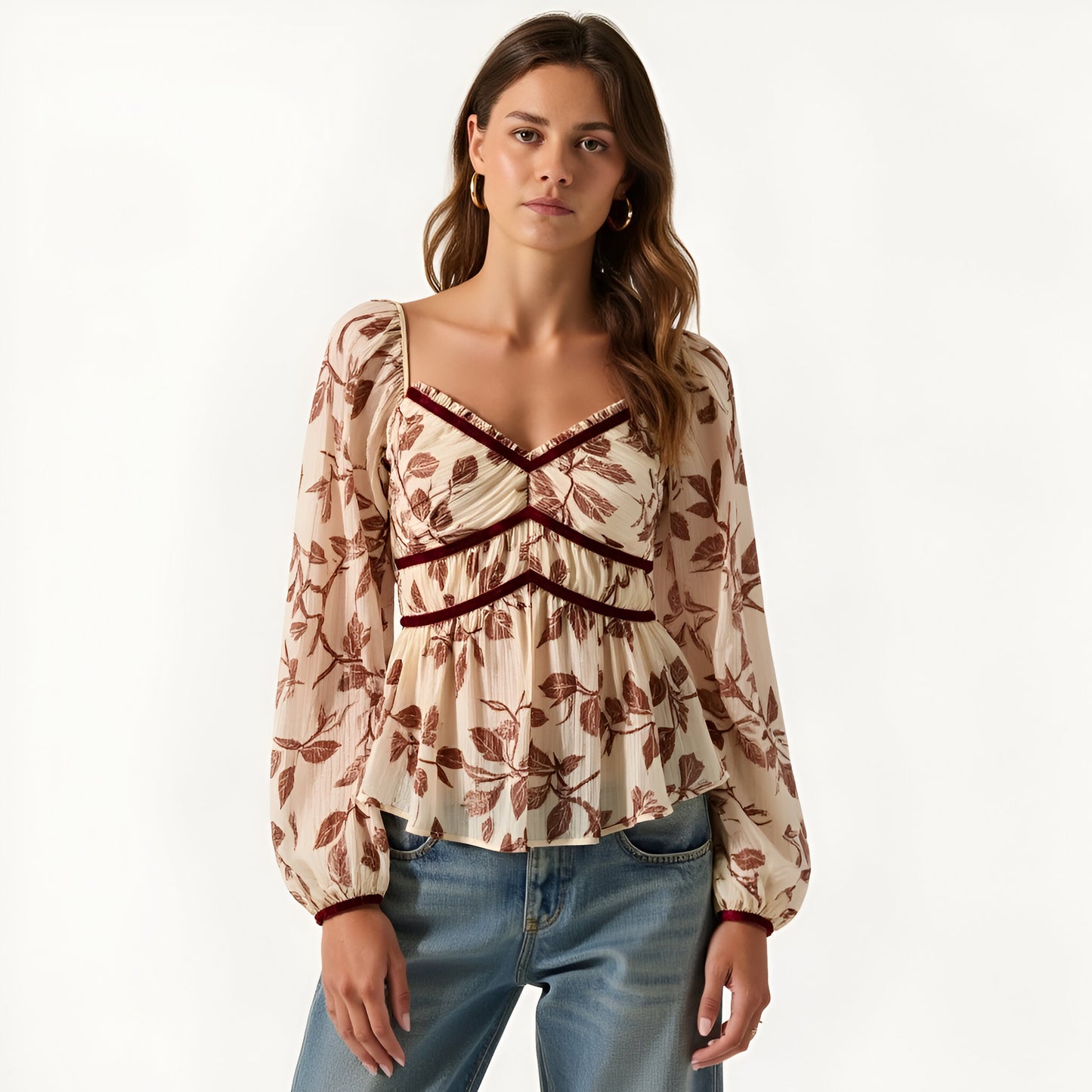 Long Sleeve Floral Print Peplum Top with Velvet Trim Detail