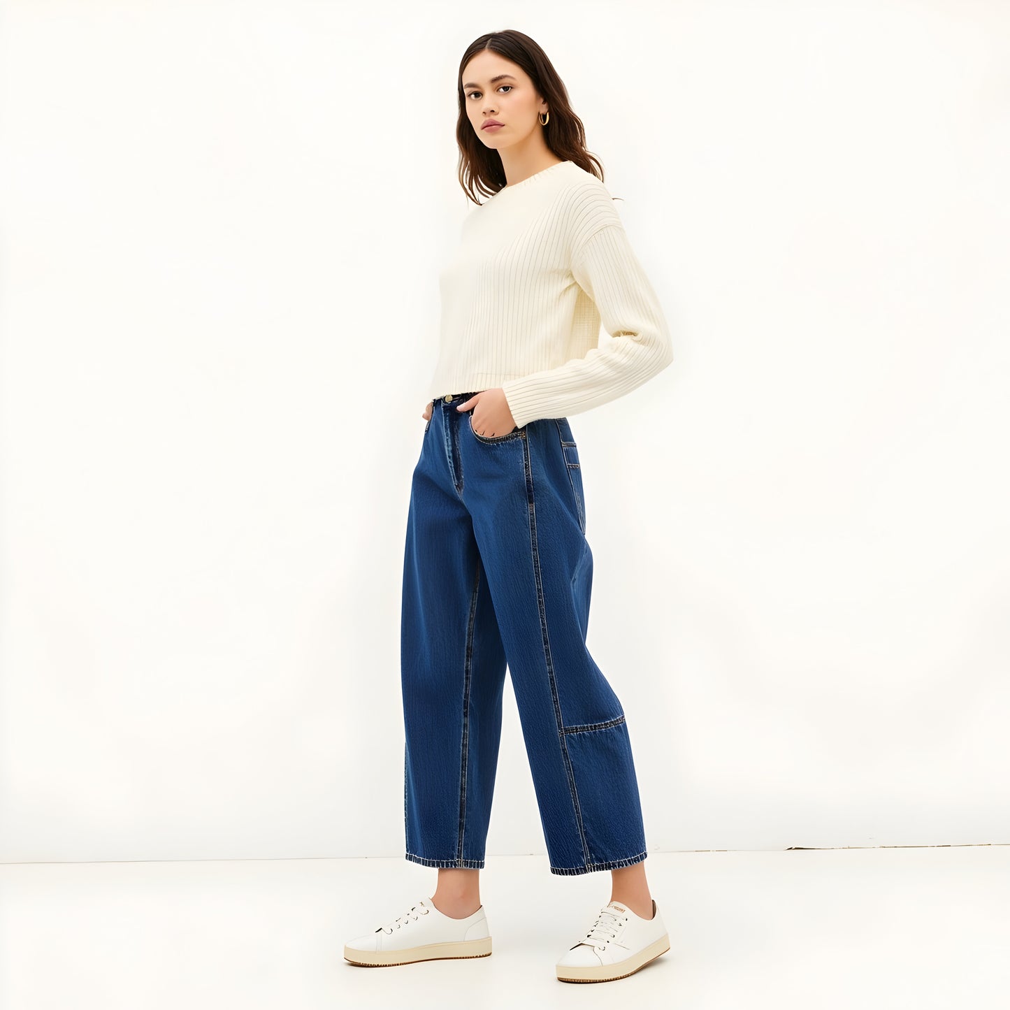 Barrel Leg Denim Pants with Contrast Seams, High Waist and Pockets