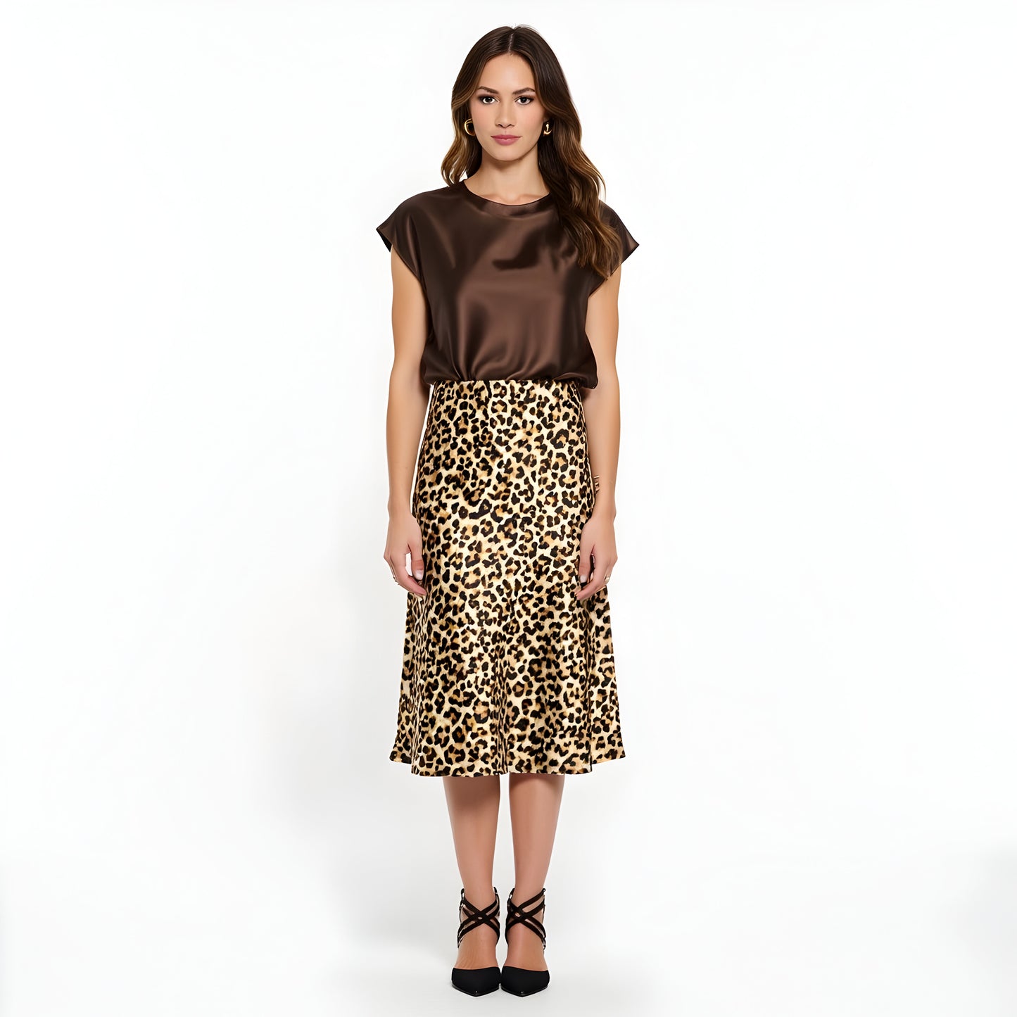 Leopard Print Satin Midi Skirt with Bias Cut and Elastic Waistband