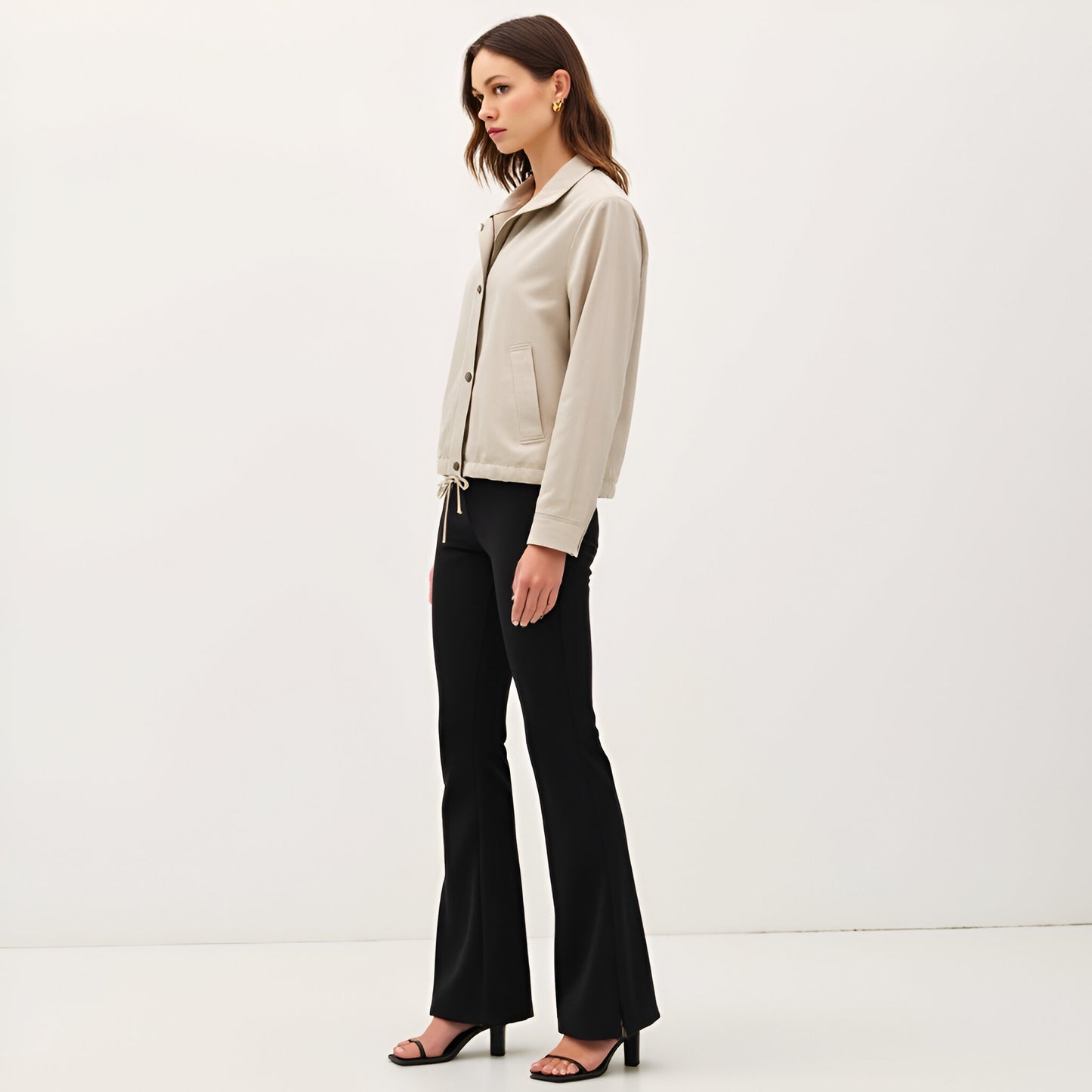 Cropped Utility Jacket with Snap Buttons and Adjustable Drawstring Hem
