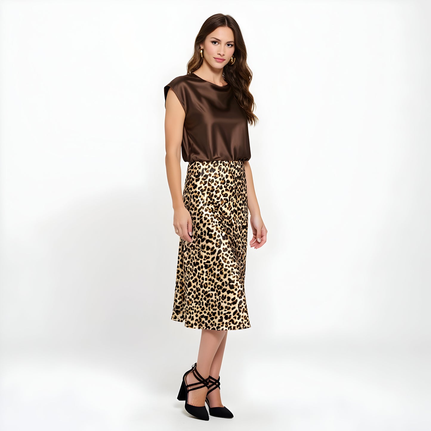 Leopard Print Satin Midi Skirt with Bias Cut and Elastic Waistband