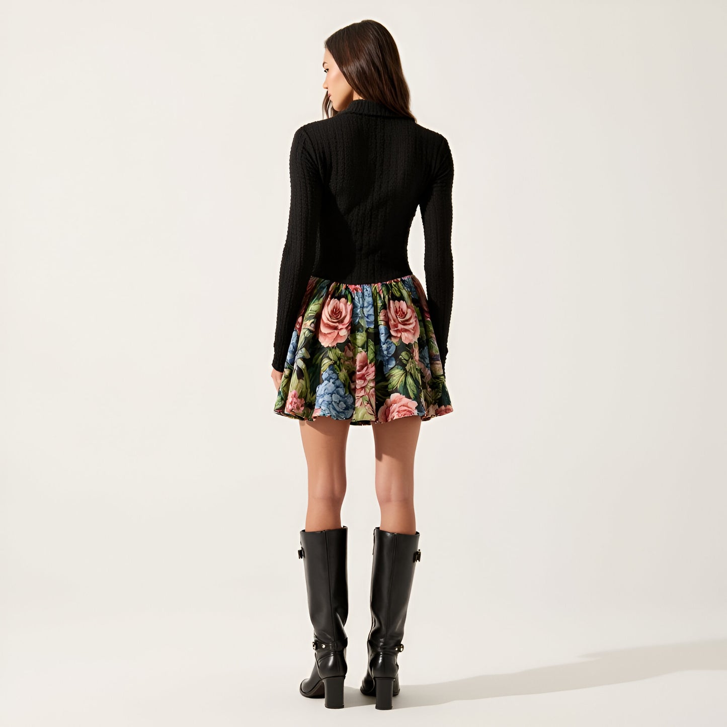Rib-Knit Mock Neck Long Sleeve Dress with Floral Skirt