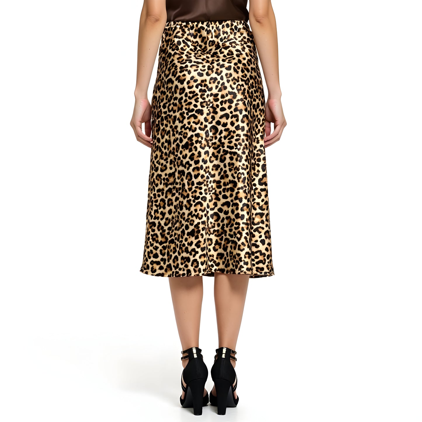 Leopard Print Satin Midi Skirt with Bias Cut and Elastic Waistband