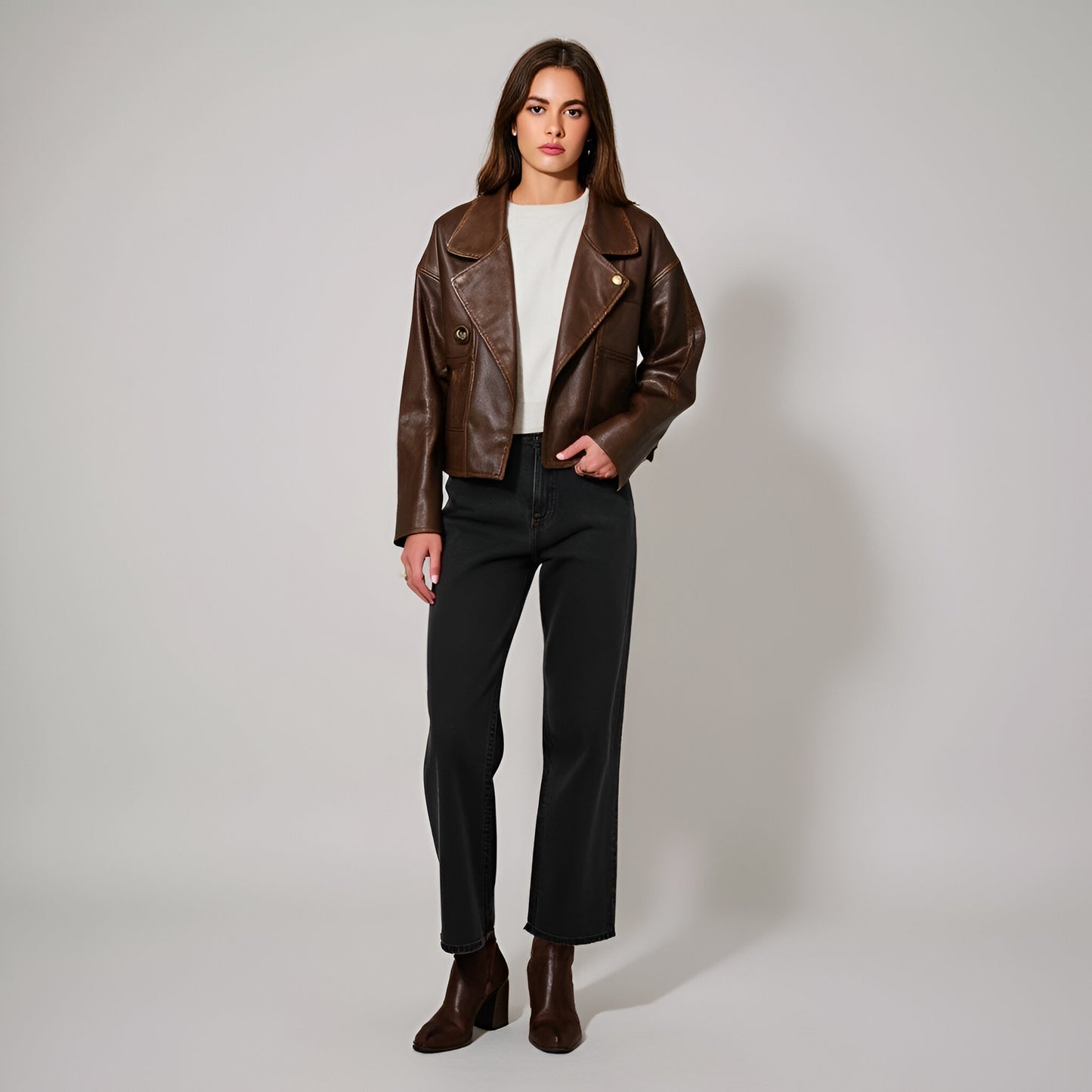 Faux Leather Cropped Jacket with Notched Lapels and Single-Breasted Closure