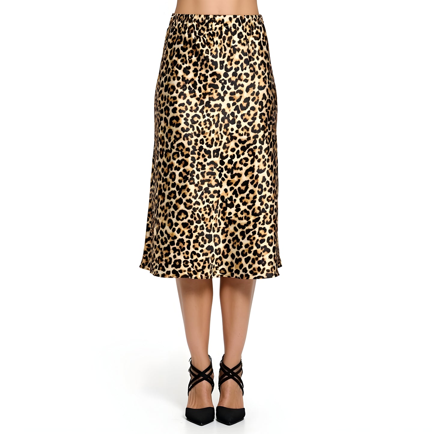 Leopard Print Satin Midi Skirt with Bias Cut and Elastic Waistband