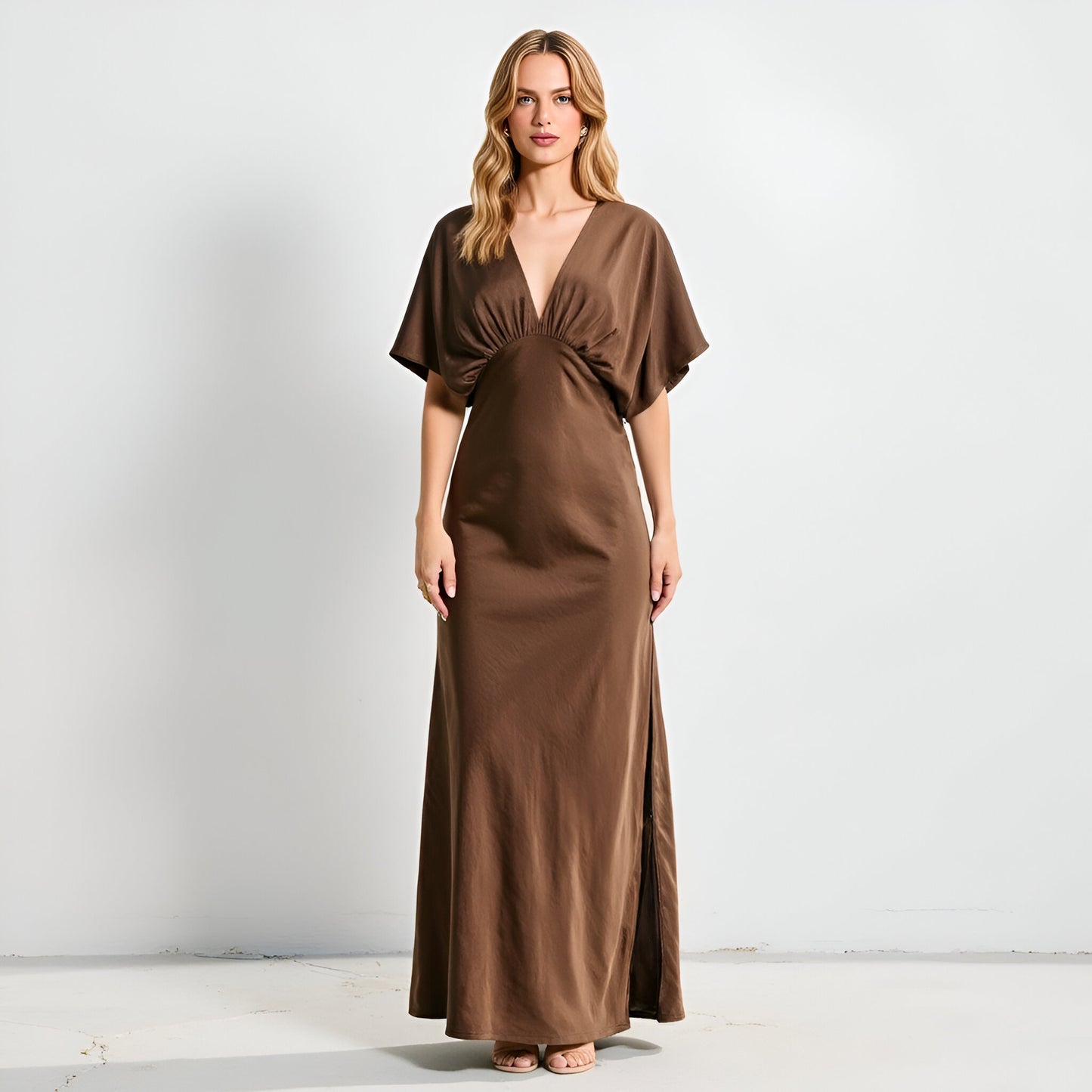 V-Neck Maxi Dress with Gathered Empire Waist and Flutter Sleeves