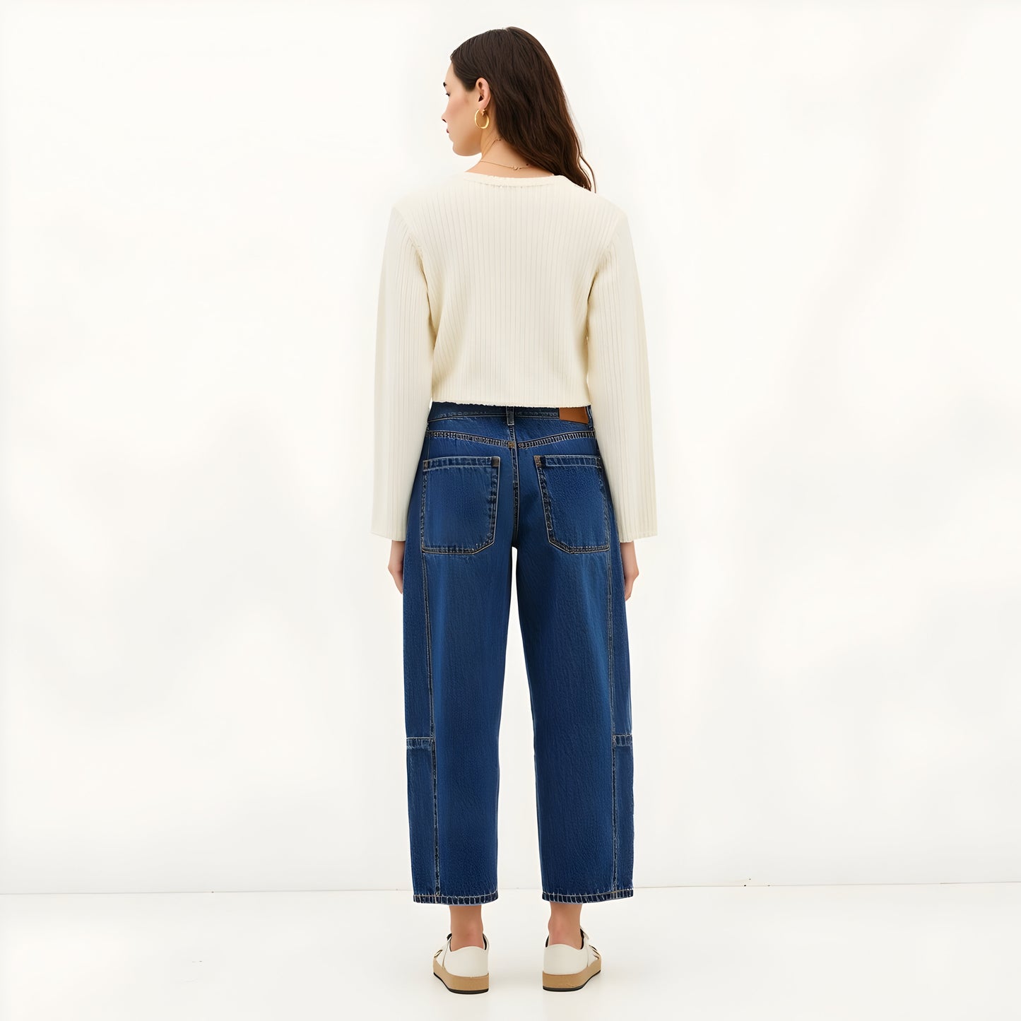Barrel Leg Denim Pants with Contrast Seams, High Waist and Pockets