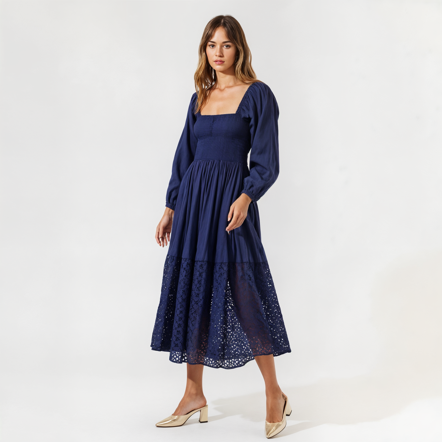 Square-Neck Smocked Midi Dress with Long Sleeves and Eyelet Hem