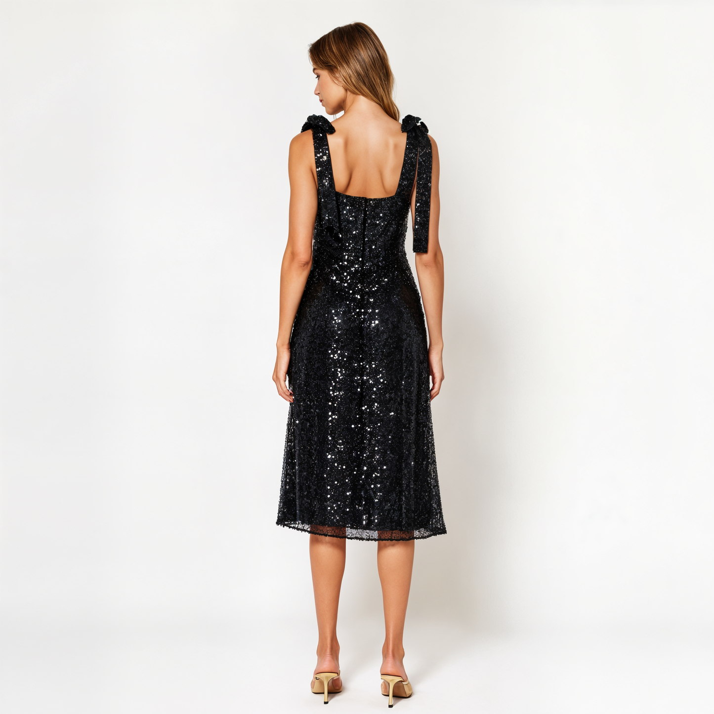 Sequin Midi Dress with Tie Straps and Square Neckline