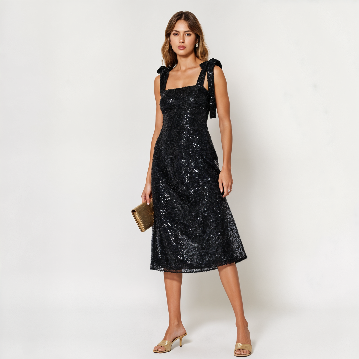 Sequin Midi Dress with Tie Straps and Square Neckline