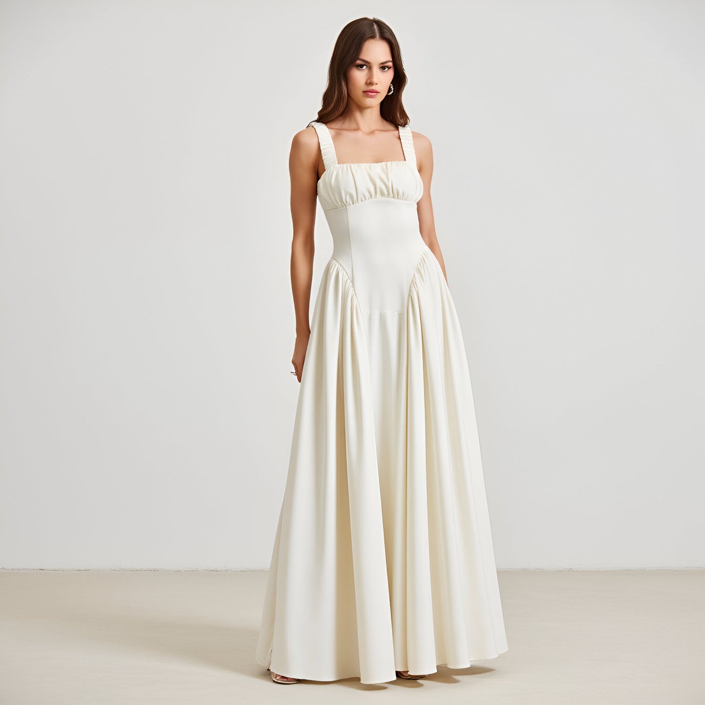 Square Neck Empire Waist Gown with Gathered Bust and Full Skirt
