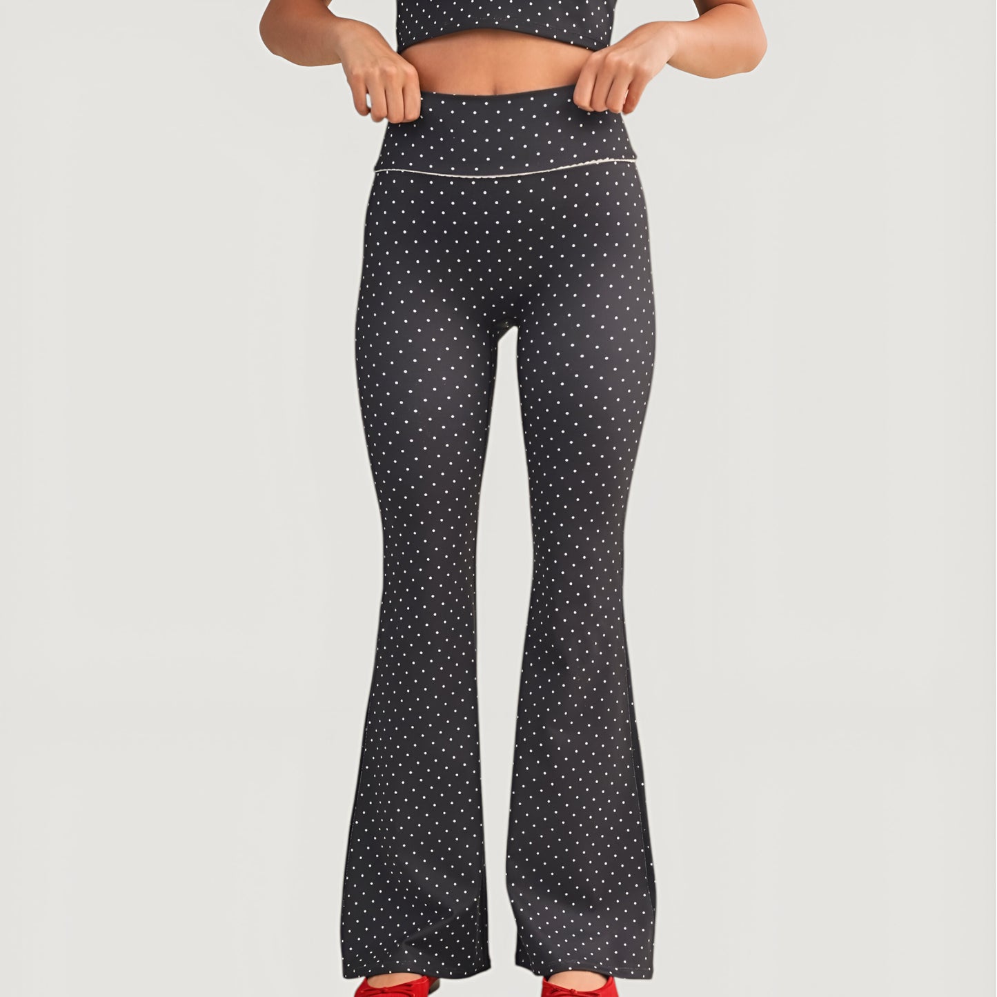 Polka Dot Flare Leg Pants with High Waistband and Contrast Stitch Detail