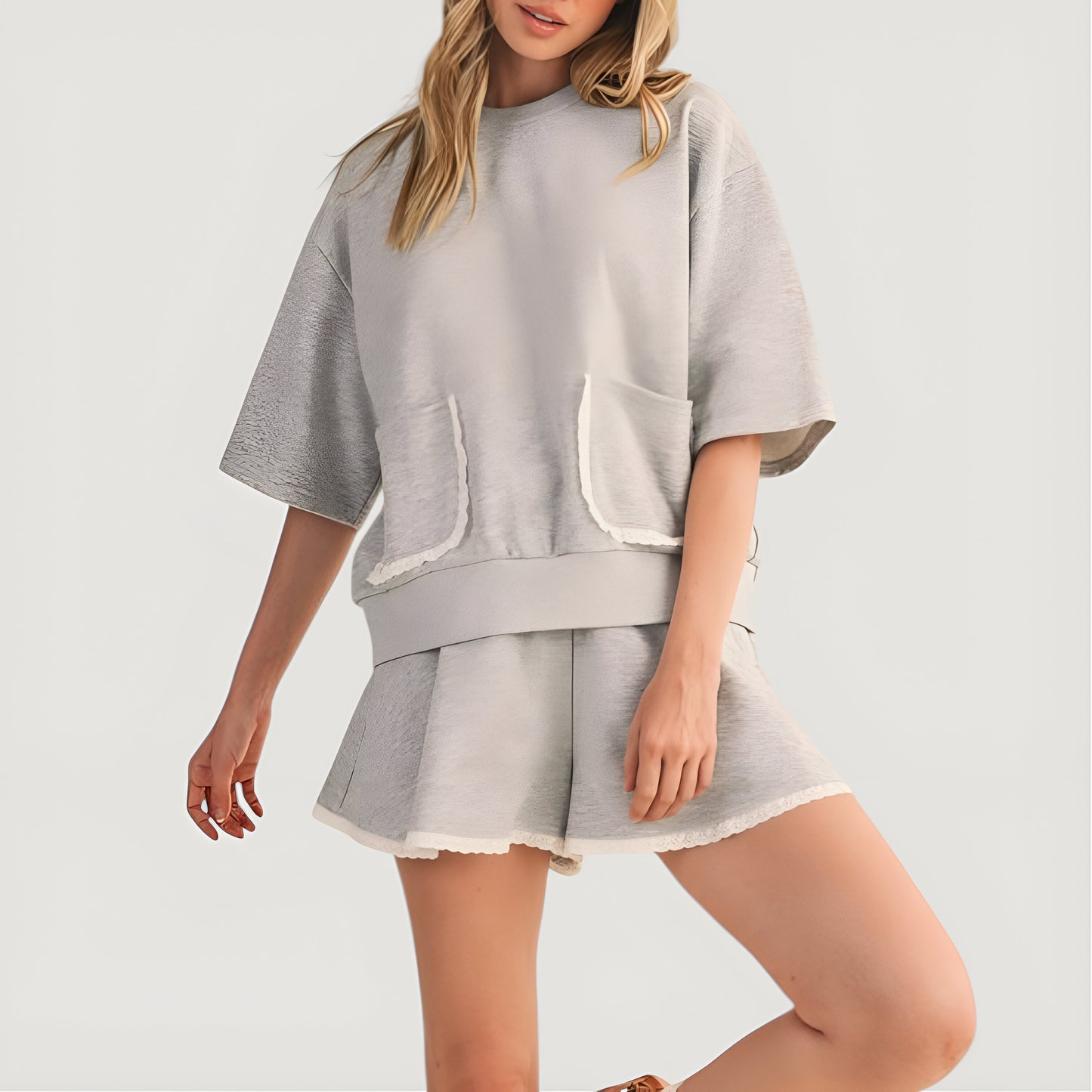 Lace Trim French Terry Lounge Set with Boxy Short Sleeve Top and Shorts