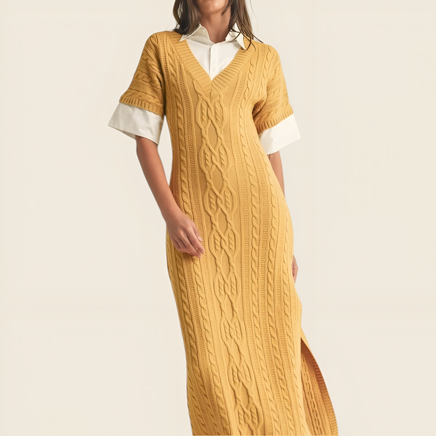 Cable Knit Maxi Dress with Short Sleeves and Side Slit Detail