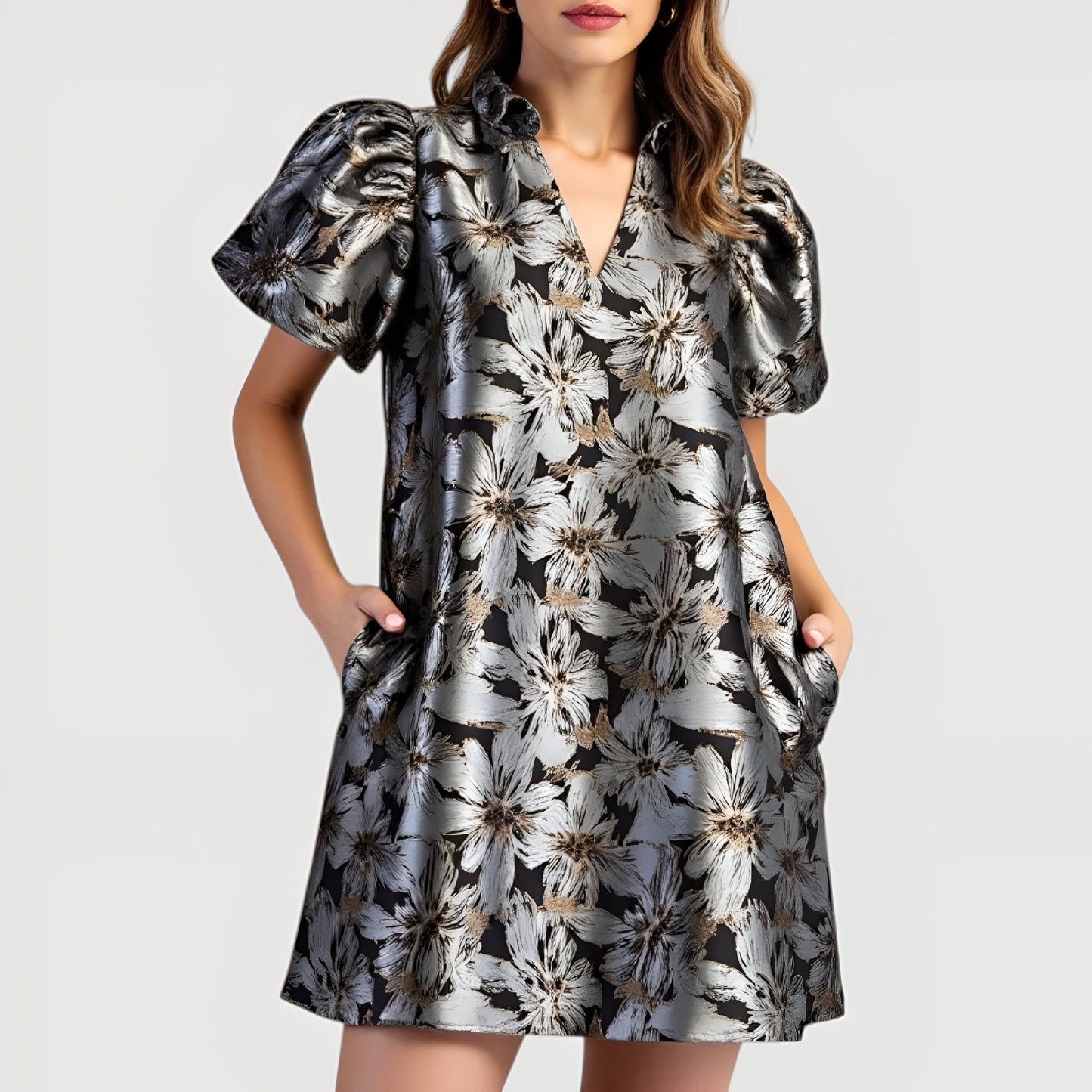 Shimmer Jacquard Mini Dress with Puff Sleeves and Split V-Neckline