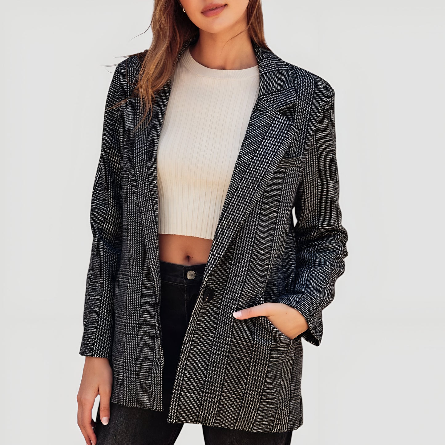 Plaid Single-Breasted Blazer with Notched Lapels and Front Pockets