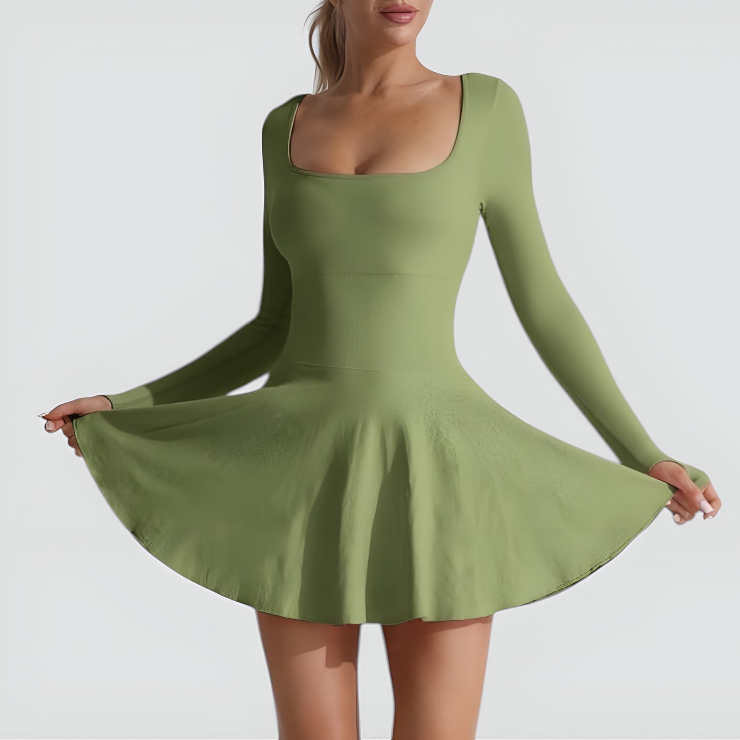 Fit and Flare Long Sleeve Mini Dress with Square Neckline and Crisscross Open Back