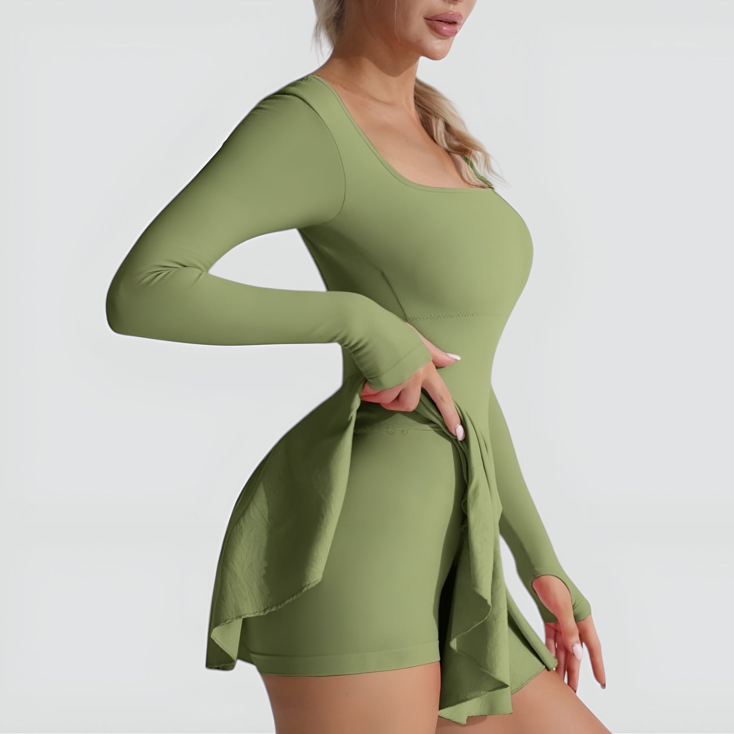 Fit and Flare Long Sleeve Mini Dress with Square Neckline and Crisscross Open Back