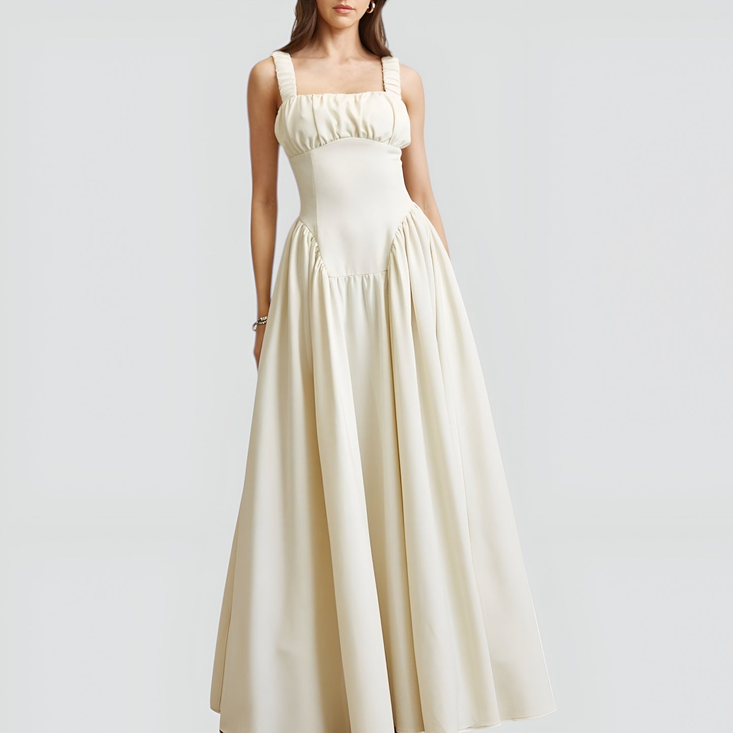 Square Neck Empire Waist Gown with Gathered Bust and Full Skirt
