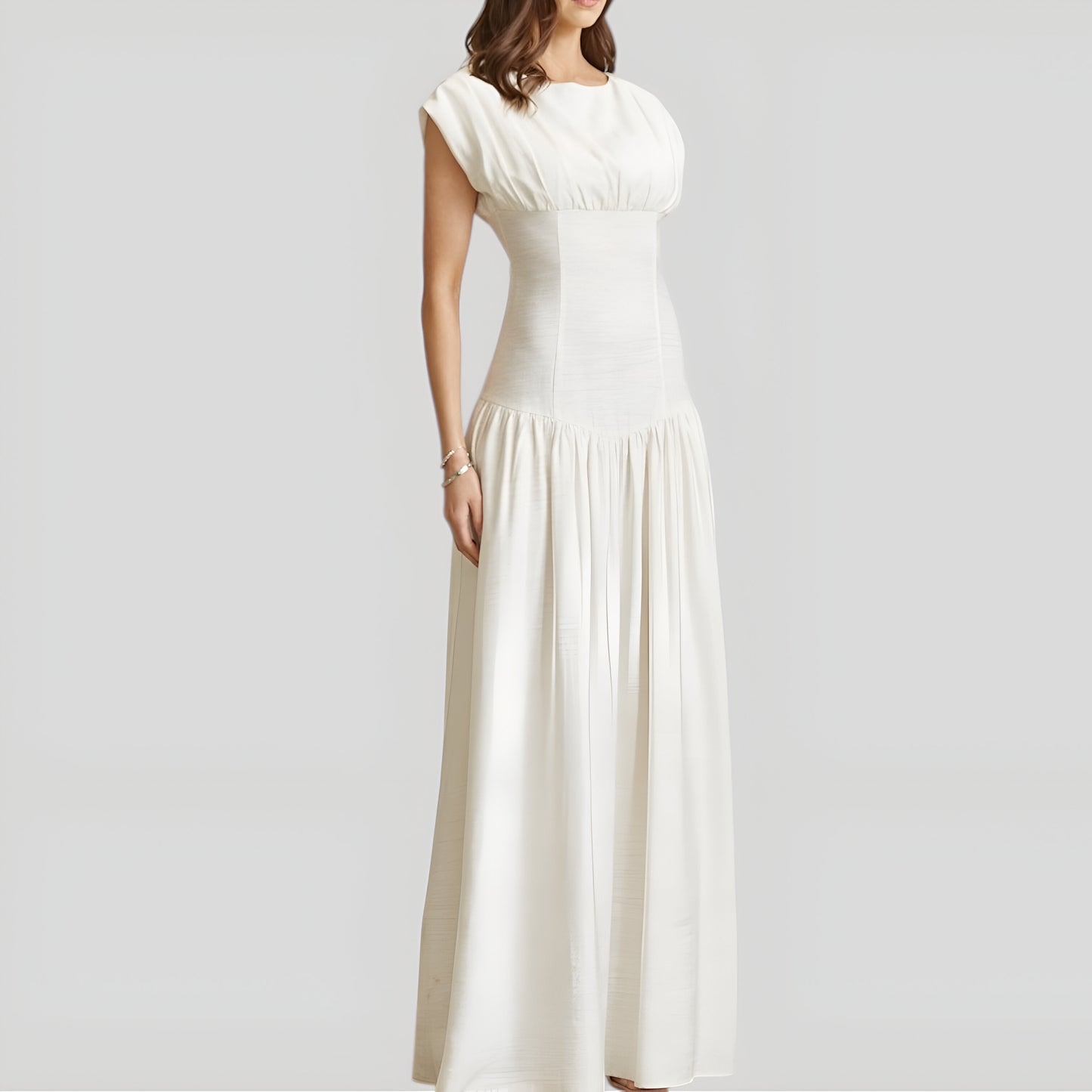 Cap Sleeve Maxi Dress with Gathered Bodice and Lace-Up Back Detail