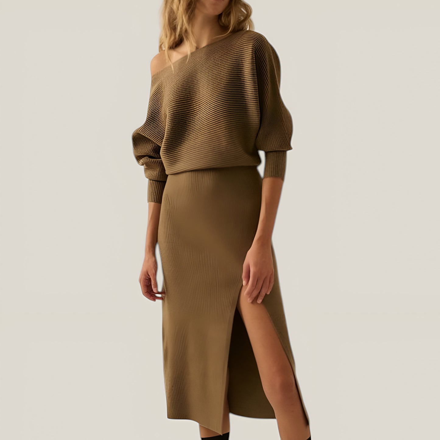 Rib-Knit One-Shoulder Dolman Midi Sweater Dress