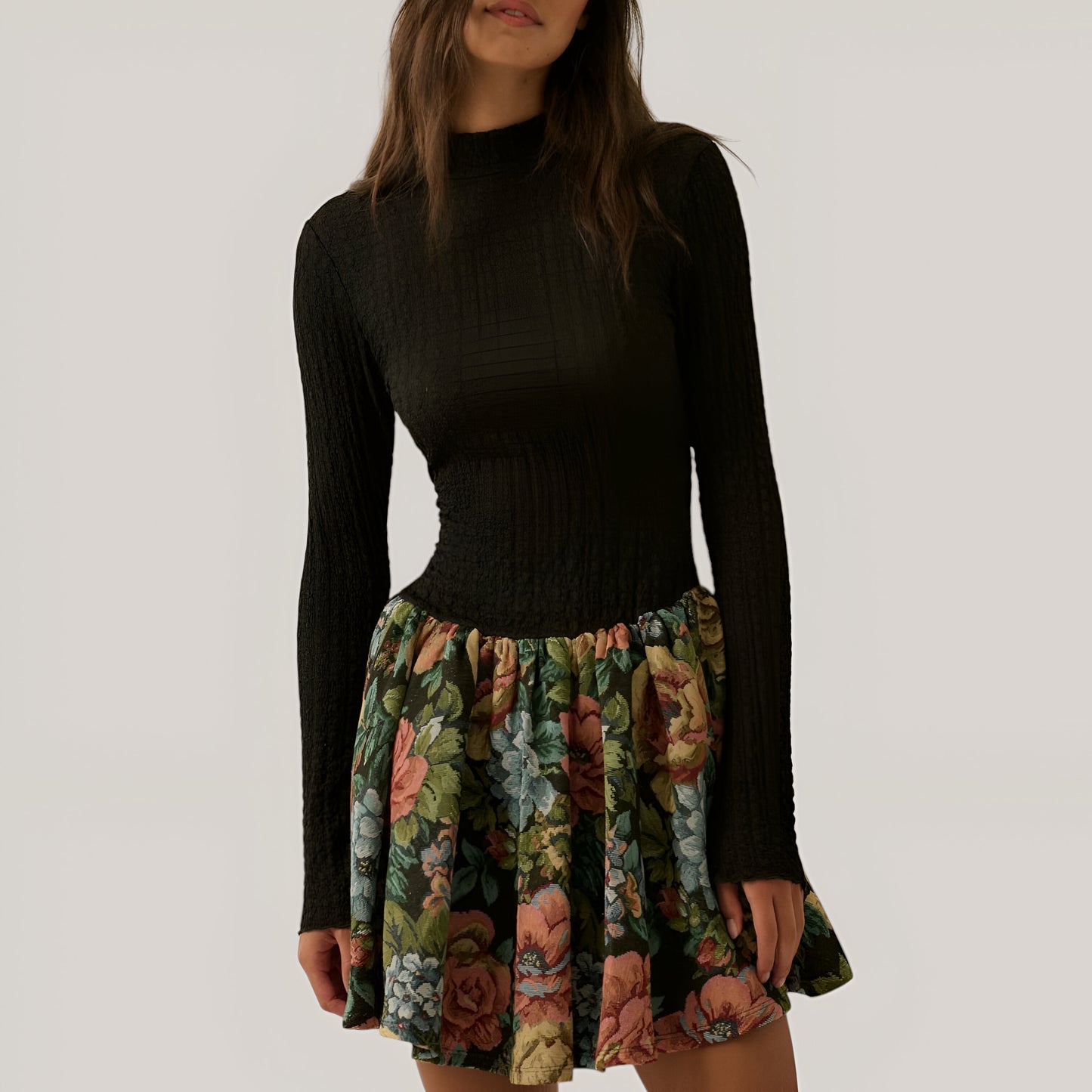 Rib-Knit Mock Neck Long Sleeve Dress with Floral Skirt