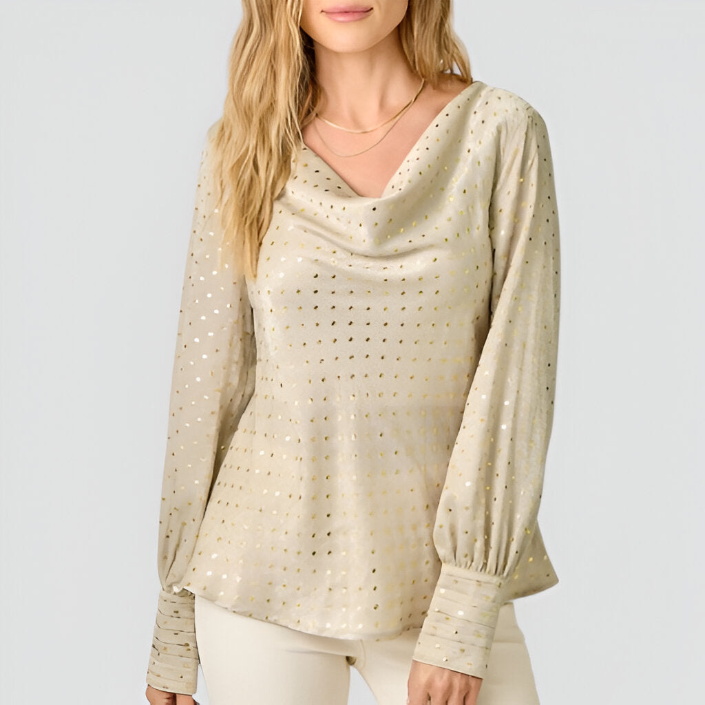 Metallic Dot Satin Blouse with Cowl Neck and Long Sleeves