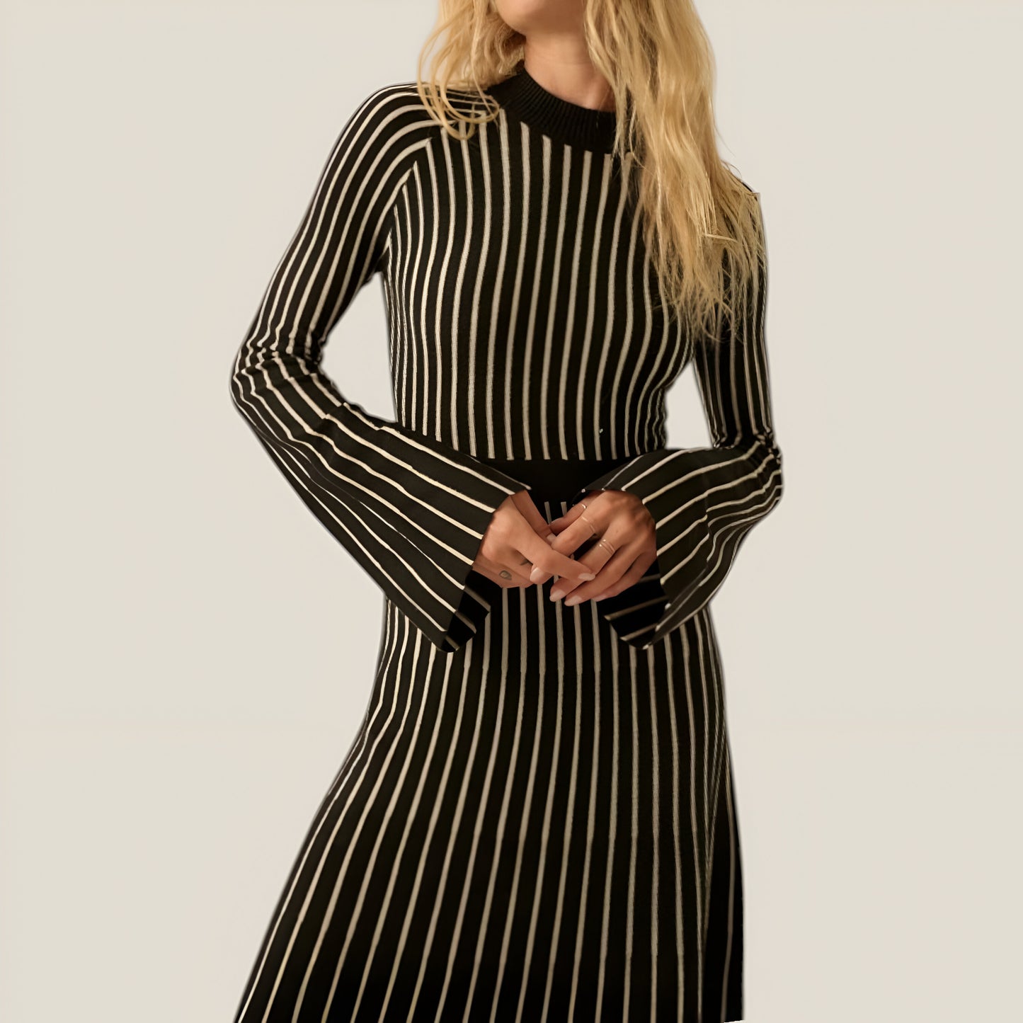 Striped Rib-Knit Long Sleeve Maxi Dress with Mock Neck