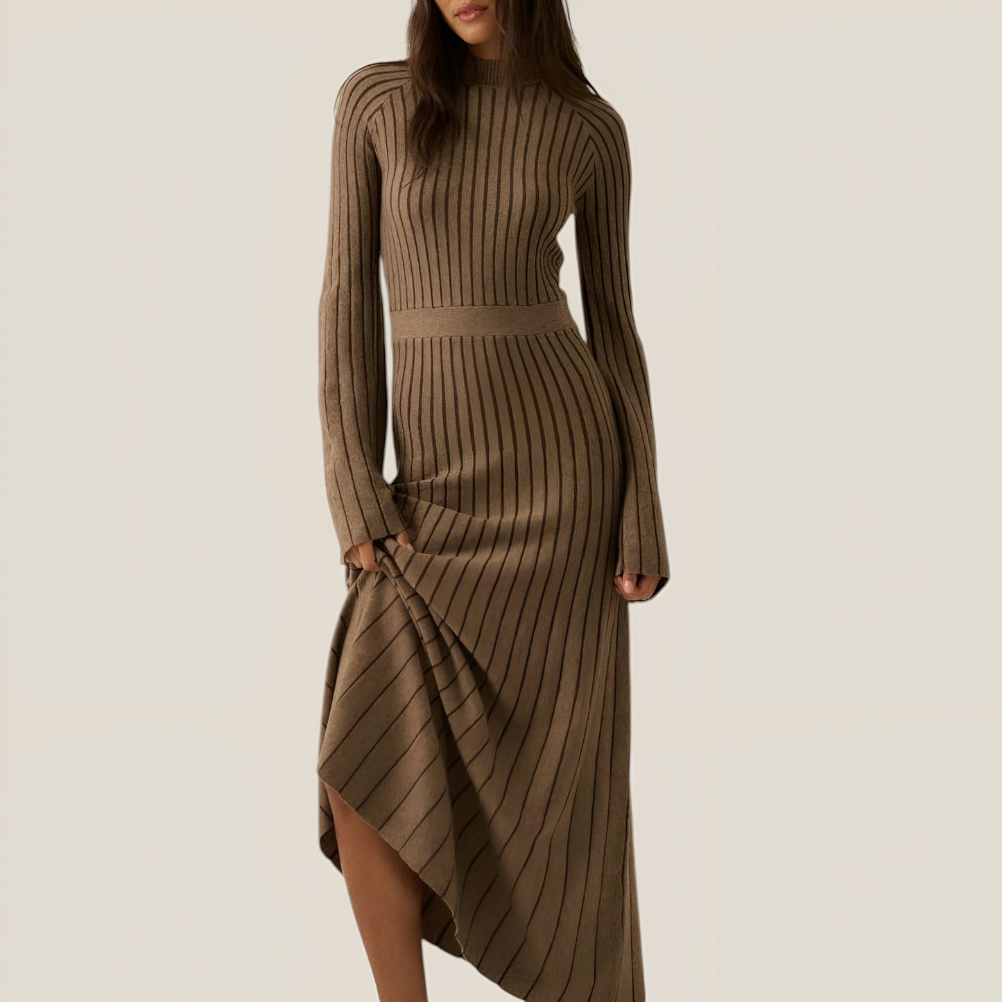 Ribbed Knit Long Sleeve Maxi Dress with Flared Cuffs and Fit-and-Flare Silhouette