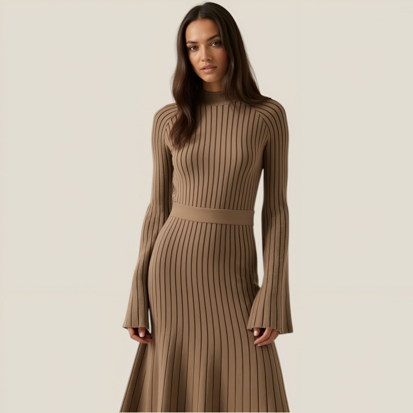Ribbed Knit Long Sleeve Maxi Dress with Flared Cuffs and Fit-and-Flare Silhouette