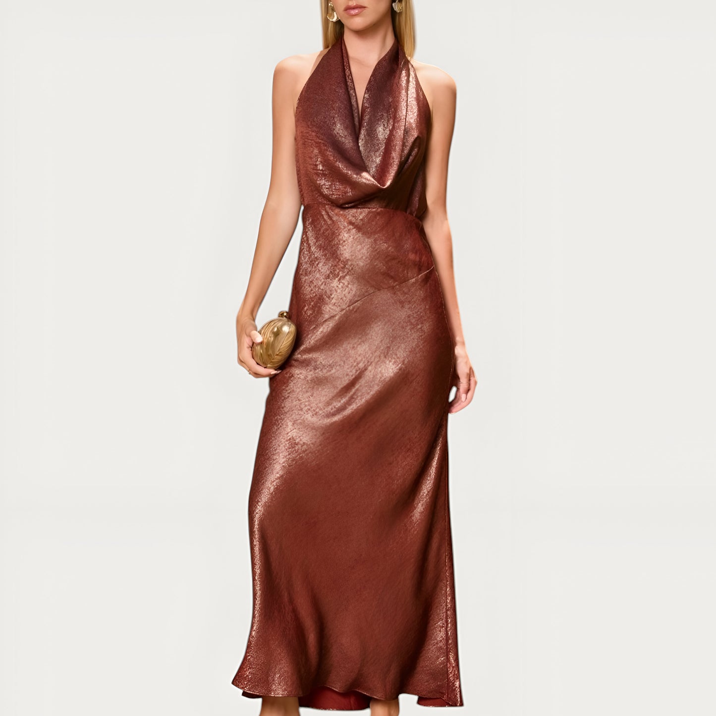Shimmer Cowl Neck Gown with Halter Tie and Side Lace-Up Detail