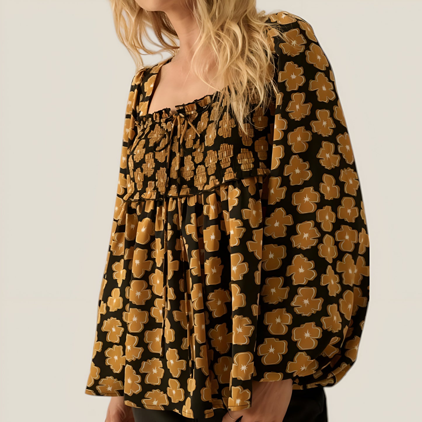 Floral Print Smocked Bodice Long Sleeve Top with Square Neckline
