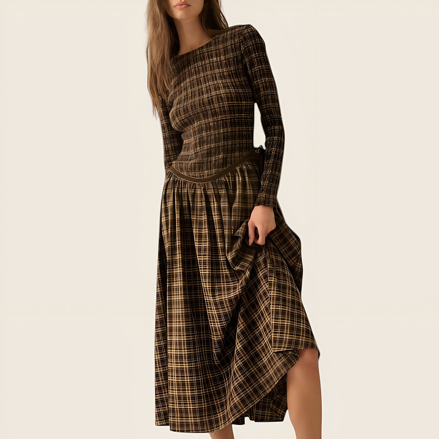 Plaid Long Sleeve Midi Dress with Fitted Bodice and Gathered Skirt