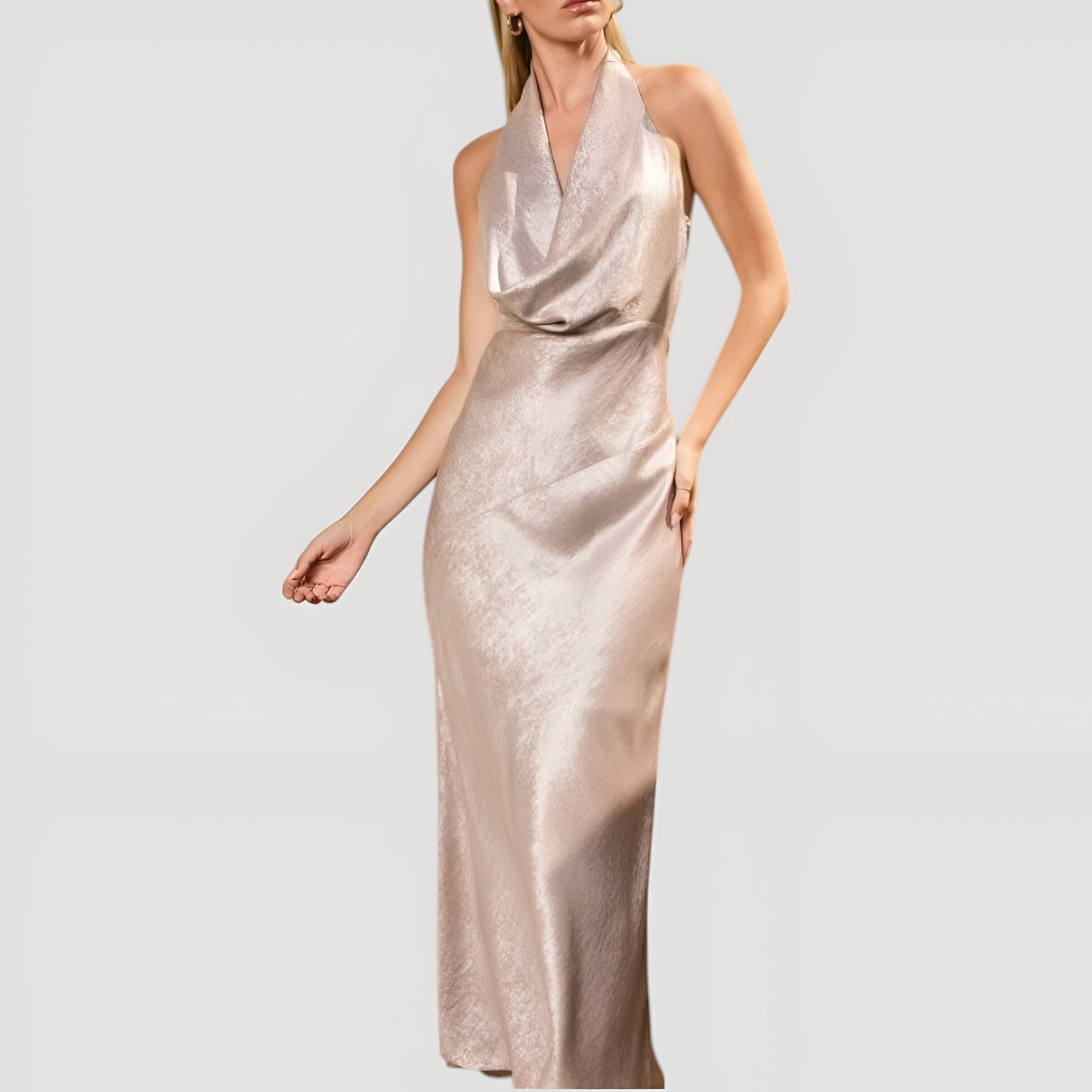 Shimmer Cowl Neck Halter Gown with Open Back and Floor-Length Skirt