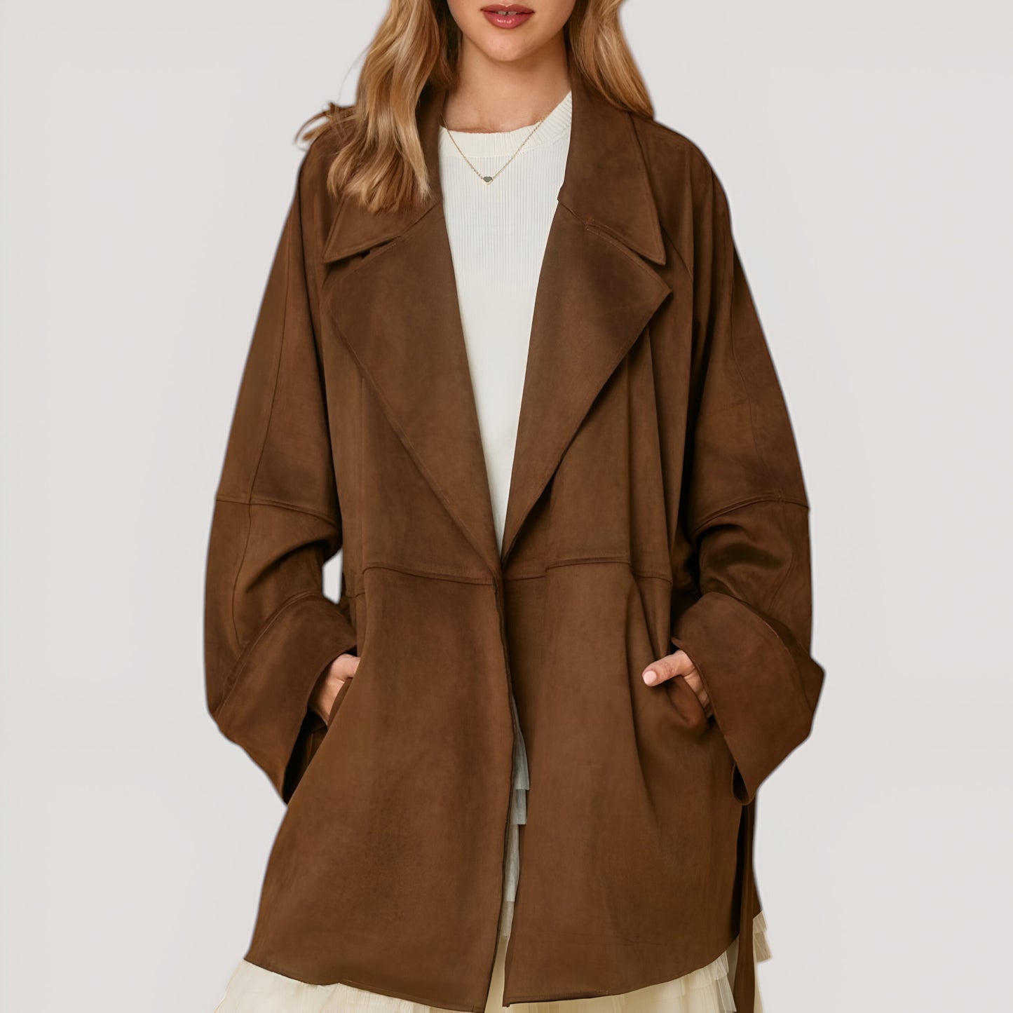 Oversized Faux Suede Coat with Wide Lapels and Side Pockets