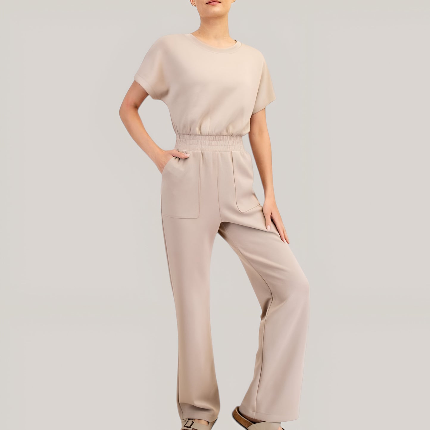 Short Sleeve Relaxed Jumpsuit with Elastic Waistband and Patch Pockets
