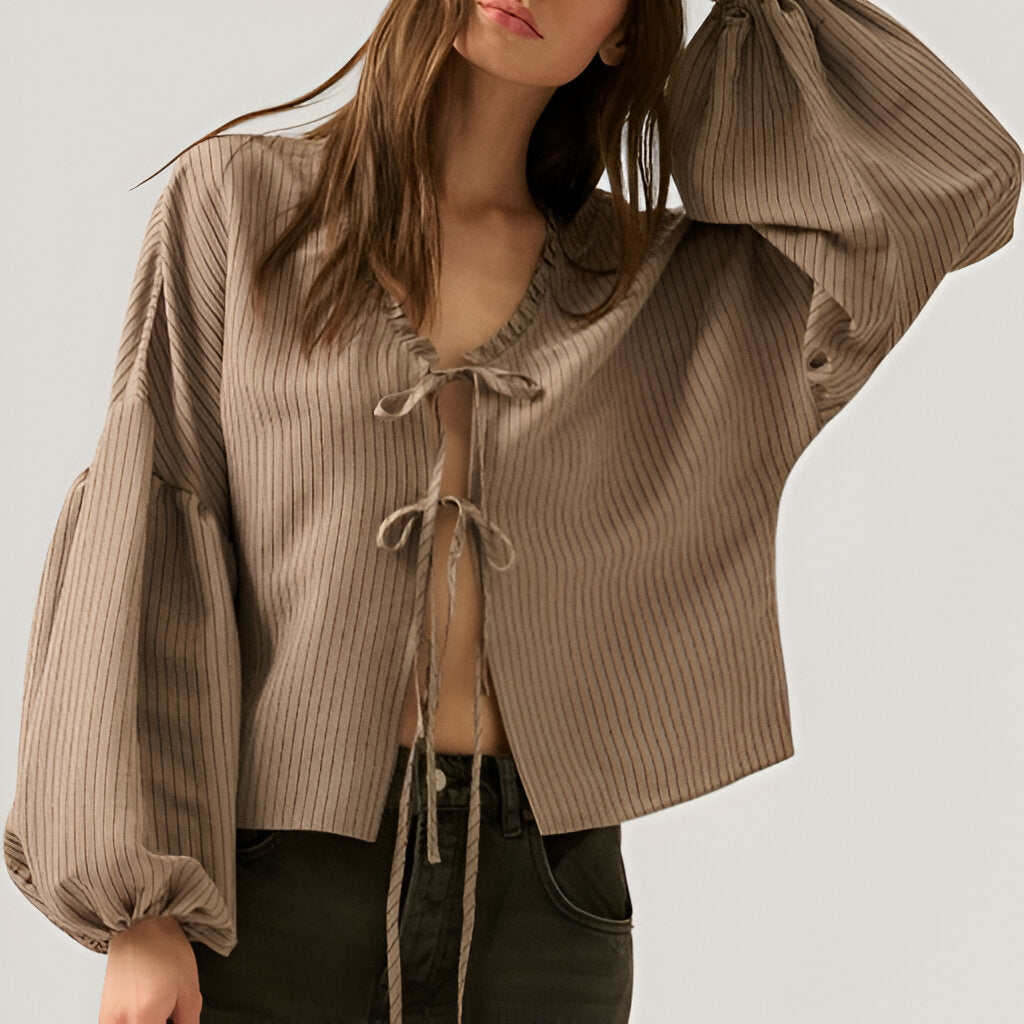 Ribbed Blouse with Ruffle Trim, Balloon Sleeves, and Front Tie Closure