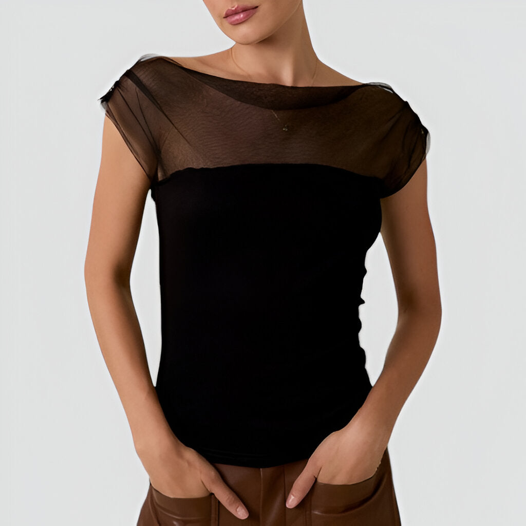 Sheer Mesh Shoulder Boatneck Top with Fitted Bodice and Cap Sleeve Detail