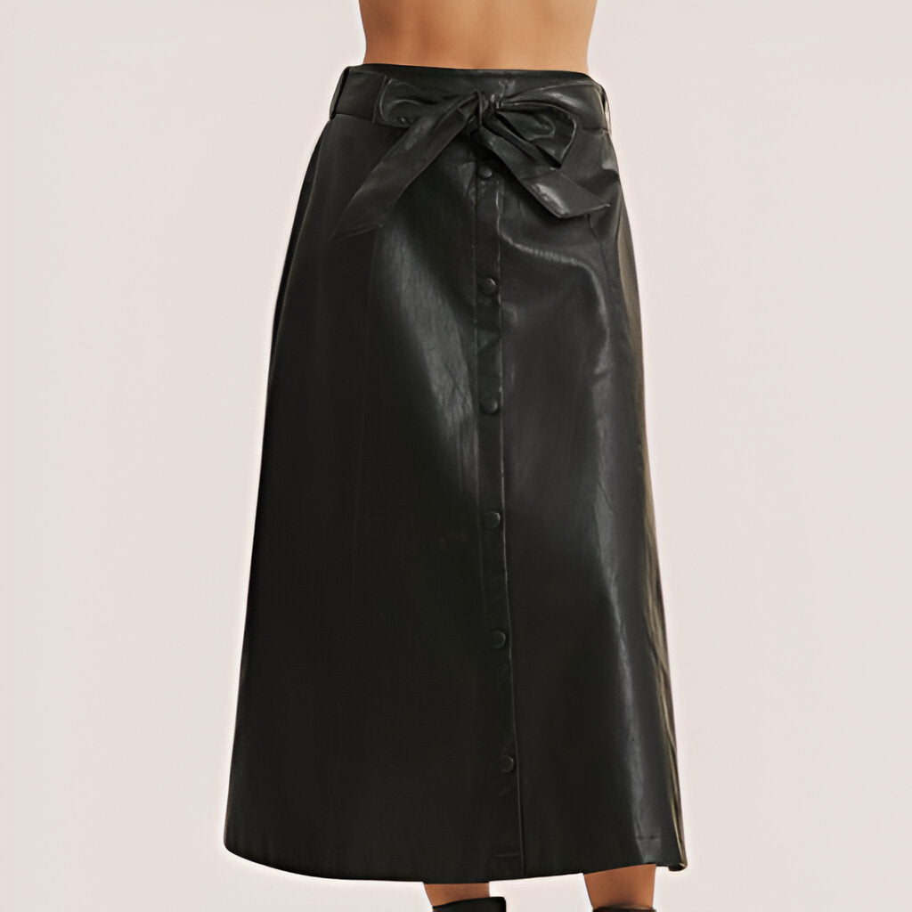 Faux Leather A-Line Midi Skirt with Button Front and Waist Tie Belt