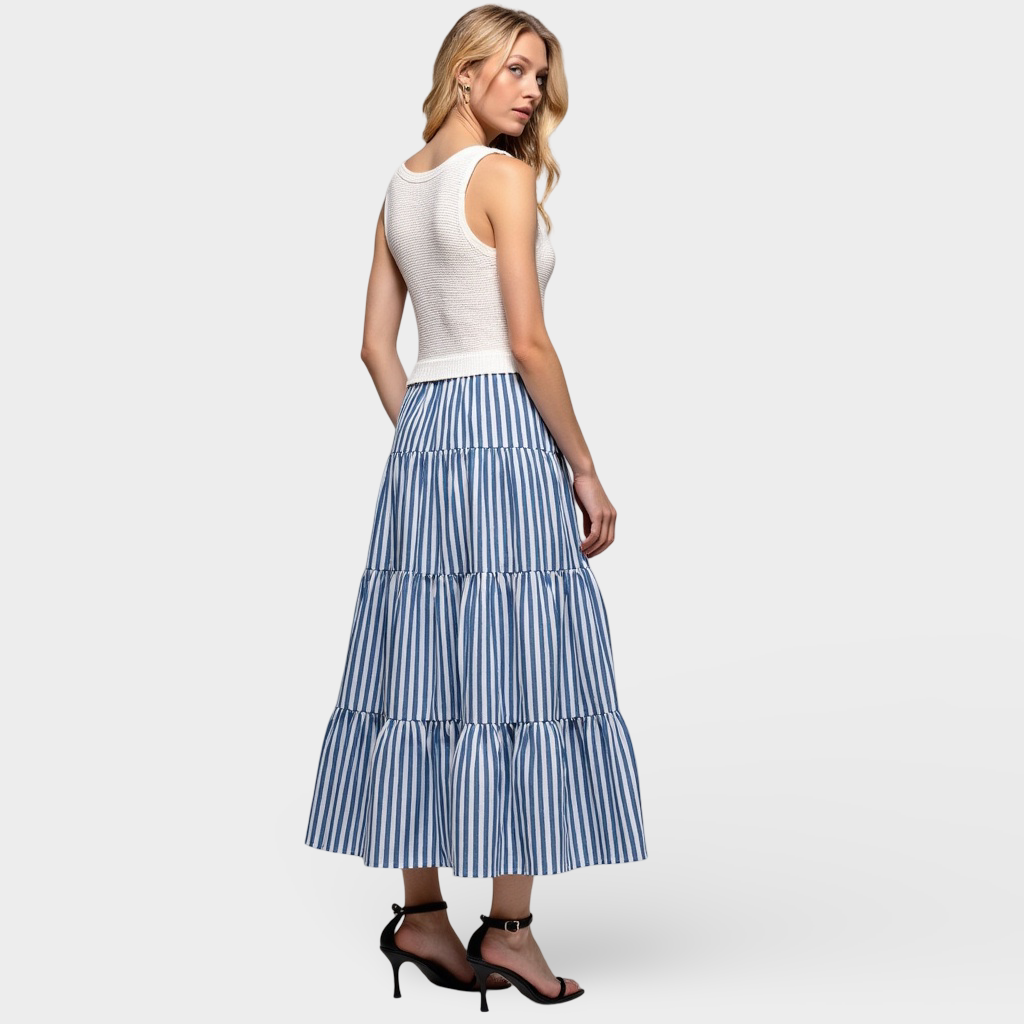 Striped Tiered A-Line Maxi Skirt with Side Pockets and Relaxed Fit