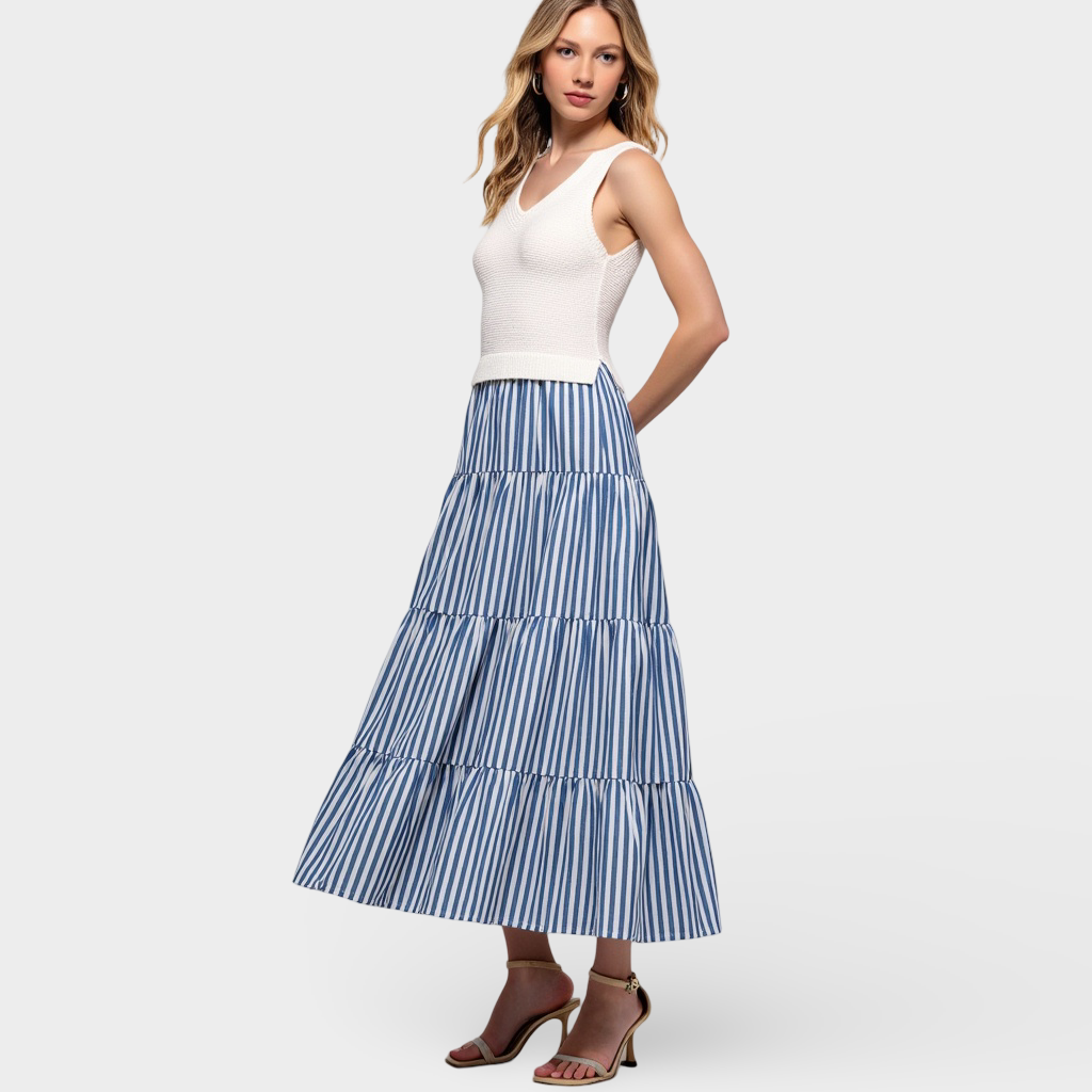 Striped Tiered A-Line Maxi Skirt with Side Pockets and Relaxed Fit