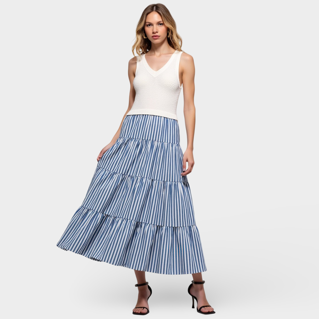 Striped Tiered A-Line Maxi Skirt with Side Pockets and Relaxed Fit
