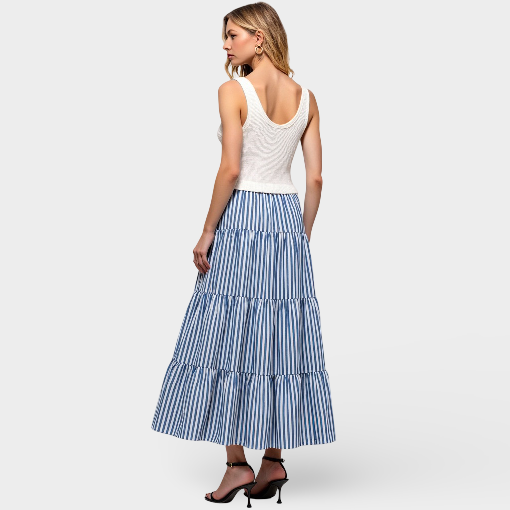 Striped Tiered A-Line Maxi Skirt with Side Pockets and Relaxed Fit