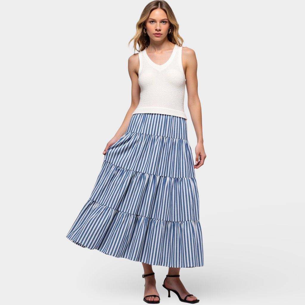 Striped Tiered A-Line Maxi Skirt with Side Pockets and Relaxed Fit