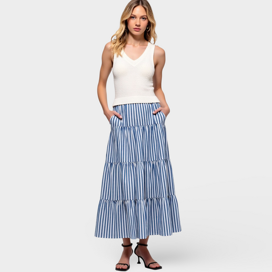 Striped Tiered A-Line Maxi Skirt with Side Pockets and Relaxed Fit