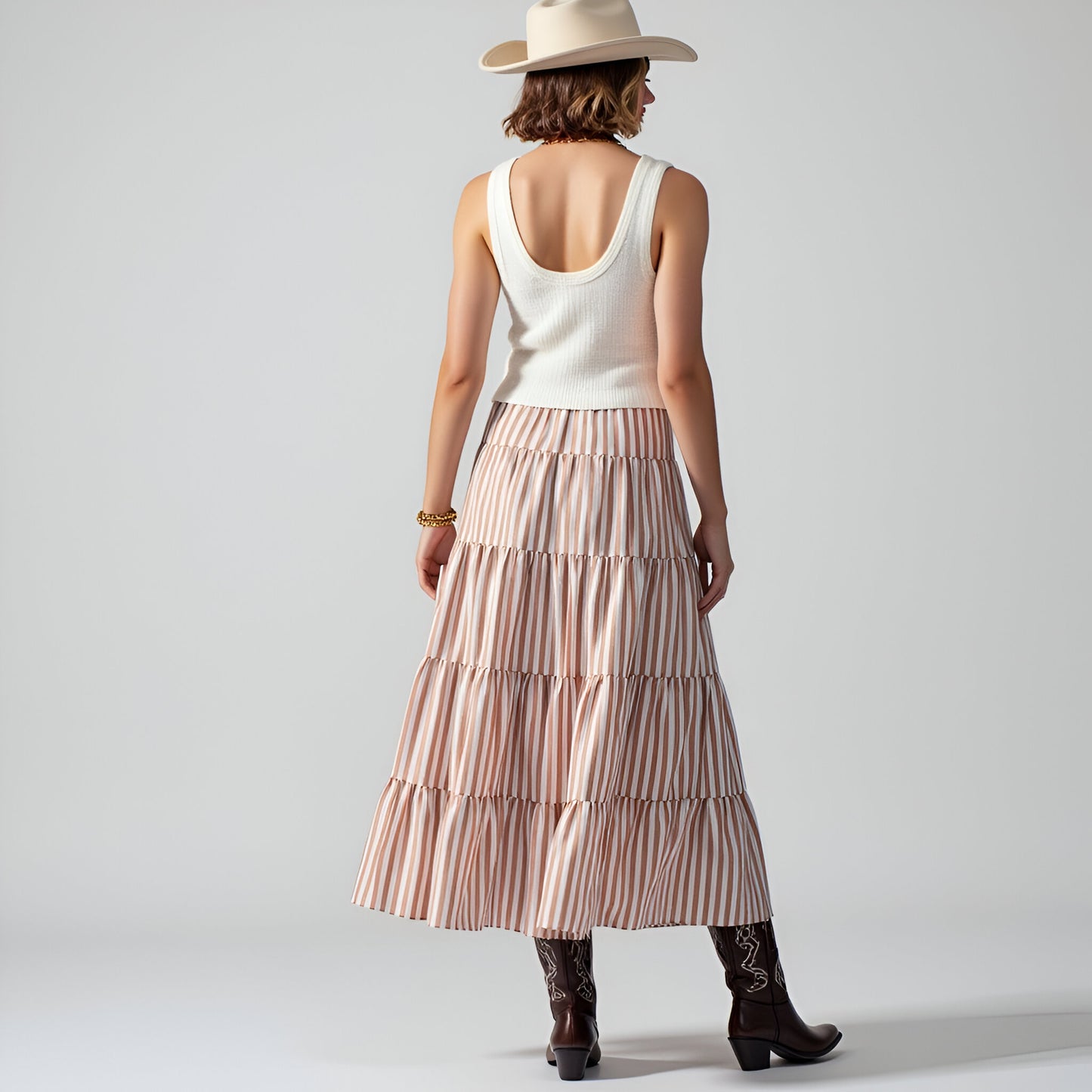 Striped Tiered A-Line Maxi Skirt with Elastic Waist and Soft Drape