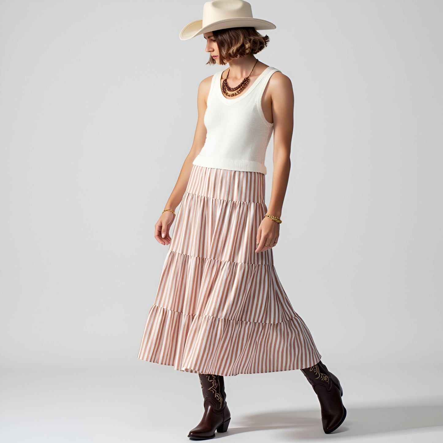 Striped Tiered A-Line Maxi Skirt with Elastic Waist and Soft Drape
